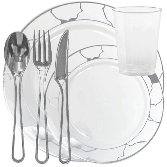 Elegant Disposable Plastic Dinnerware Wedding Party Package Set - Choose Style (60 pc each - 360 pcs,Marble White & Silver)