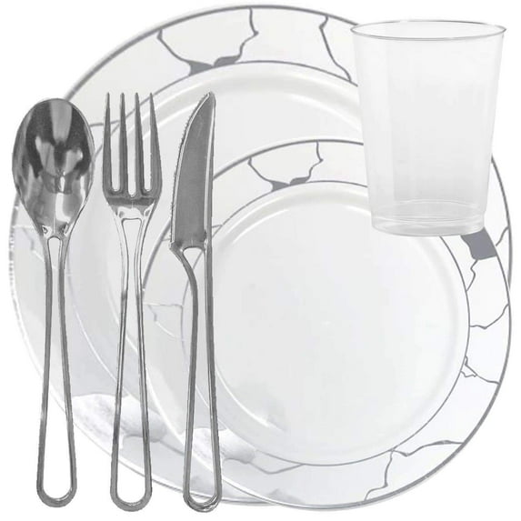 Elegant Disposable Plastic Dinnerware Wedding Party Package Set - Choose Style (60 pc each - 360 pcs,Marble White & Silver)