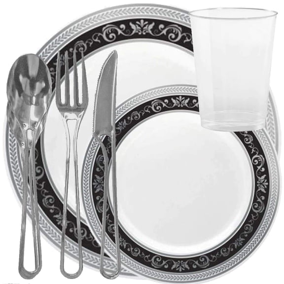 Elegant Disposable Plastic Dinnerware Wedding Party Package Set - Choose Style (60 pc each - 360 pcs,Royal Silver Black)