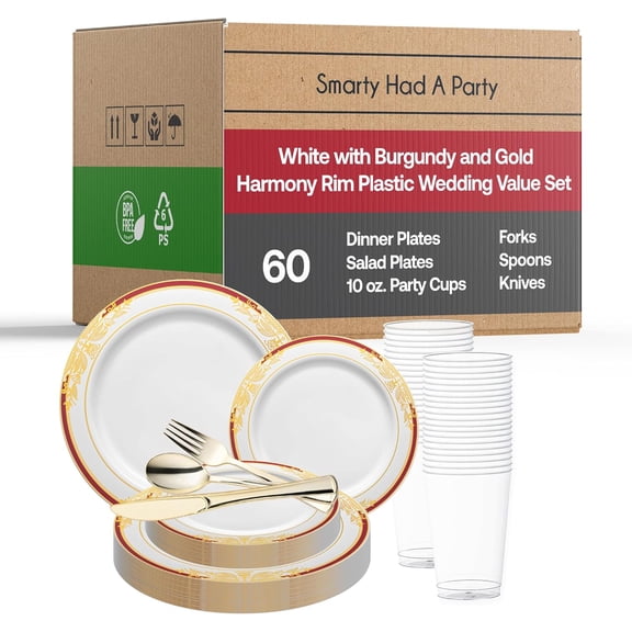 Elegant Disposable Plastic Heavy Duty Dinnerware Sets, Fancy Design Plastic Plates, For Wedding, Birthday & All Occasions (White with Burgundy and Gold, Wedding Value Set (60 Guests))