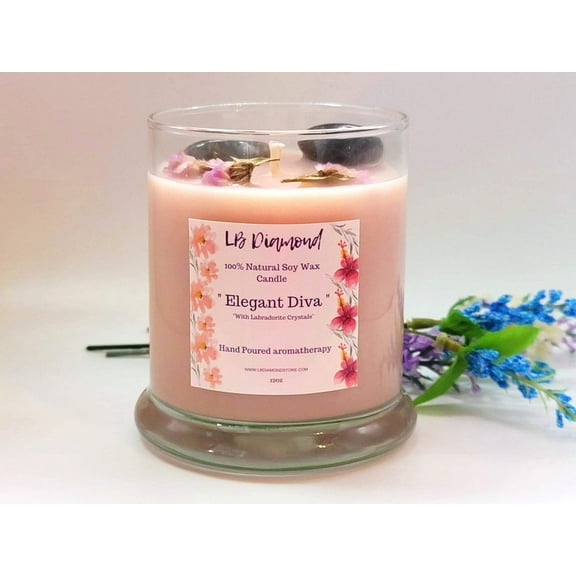 Elegant Diva Natural Soy Wax Candle Highly Scented with Labradorite Crystals