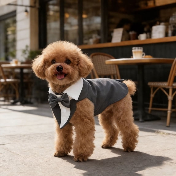 Elegant Dog Tuxedo Shirt with Bow Tie and Button Details Formal Pet Suit for Weddings Parties and Special Occasions.