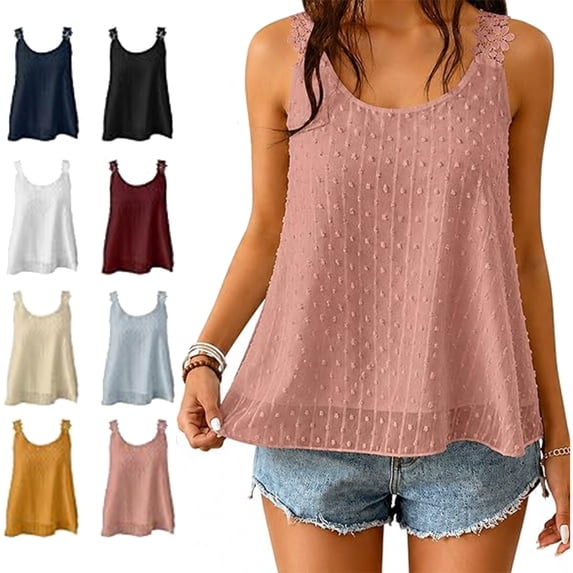 Elegant Dot Lace Strap Tank Top, Womens Flowy Tops Going Out for Women Blouses Western Summer Sleeveles