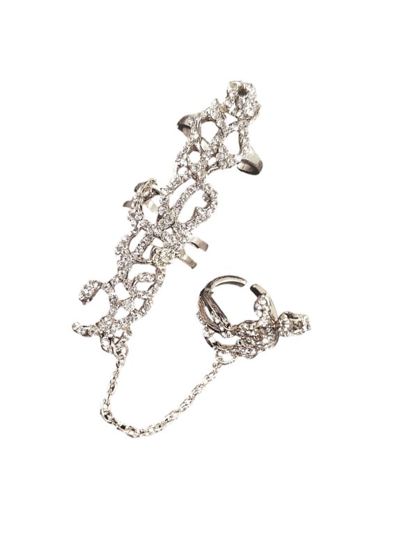 Elegant Double Finger Rhinestones Rings Adjustable Florals Design Women Party Jewelry Alloy Chain Link Accessory