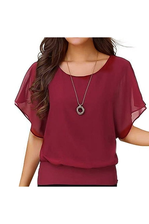 Elegant Double Layer Chiffon Blouses for Women Plus Size Loose Batwing Short Sleeve Round Neck Casual Office Dressy Tops Red 4XL