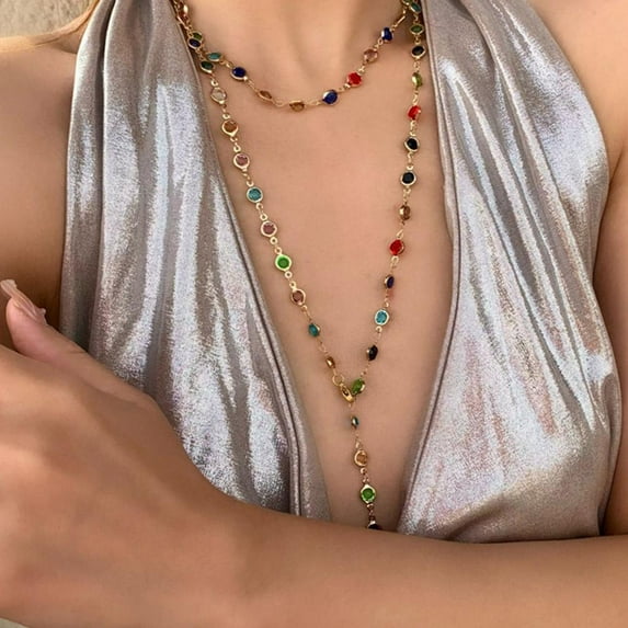 Elegant Double Layer Color Necklace with Tassels and Glass Gems for Women