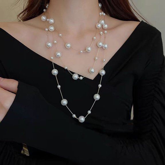 Elegant Double Layer Simulated Pearl Sweater Necklace For Women Female Collares Long Chain Necklace