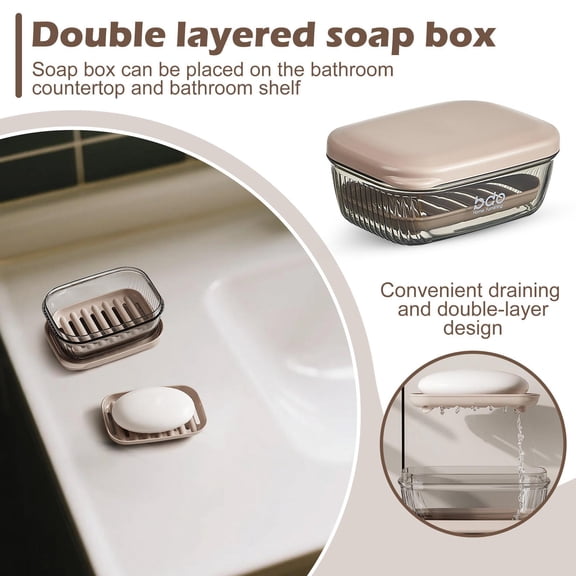 Elegant Double-Layered Soap Dish with Drainage, Plastic Container with Lid, Non-Slip Elevated Grid Tray, Waterproof Base, for Bathroom Sink Countertop, Shower Wall, Shower Shelf
