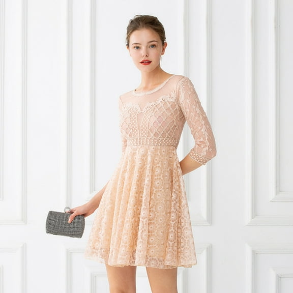 XChangeFun Women's Beige Multicolor Evening Dress, Crew Neck, Elbow-Length Sleeve