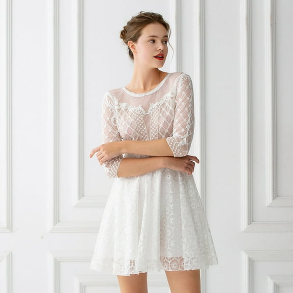 Elegant Dress Breathable Lace Banquet Host Dress Female Banquet Evening Dress,White