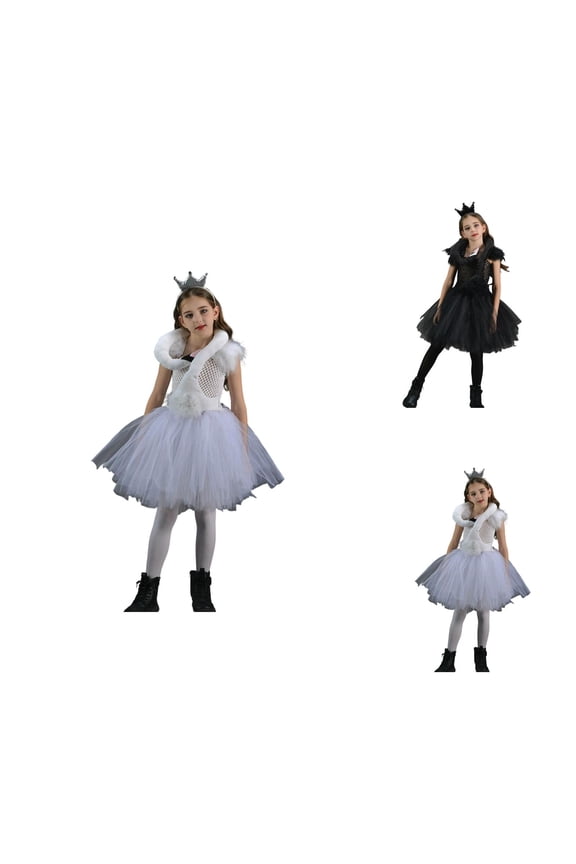 Elegant Dress for Girls Role Play Ballet Performance Tutu Outfit with Wings, Kids Black Swan Skirt for Halloween Party, Includes Hair Clips