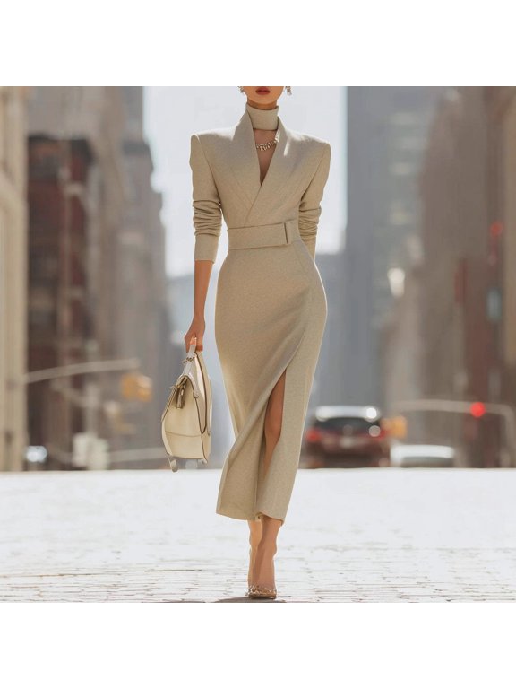 Elegant Dress for Women's Split Hem Solid Casual Office Lady Long Sleeve High Waist Chic Sexy V-Neck Autumn Midi Dress 2026