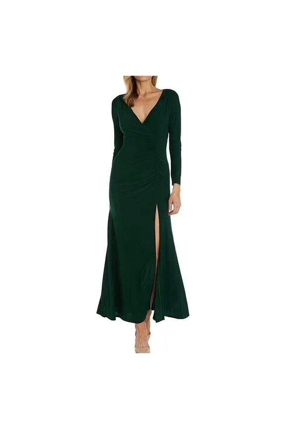 Elegant Dresses for Women Midi Dresses New Evening Dress form Fitting V-Neck With Side Ruffles and Side Slit Long Sleeved Dress for Wedding Guest Wear