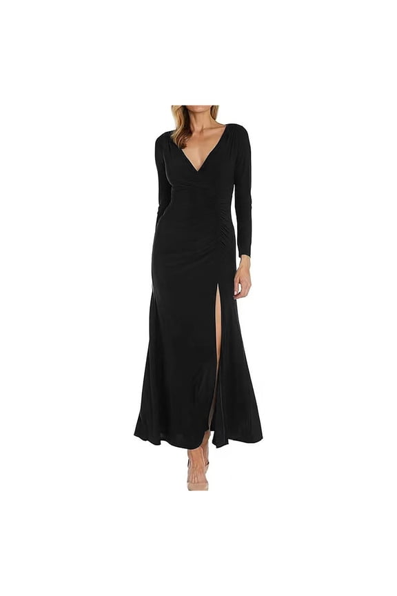 Elegant Dresses for Women Midi Dresses New Evening Dress form Fitting V-Neck With Side Ruffles and Side Slit Long Sleeved Dress for Wedding Guest Wear