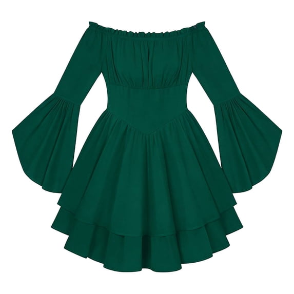 Elegant Dresses for Women Boat Neck Long Sleeve Solid Chiffon Ruffle Detail Flowy Casual Midi Dress Dark Green L