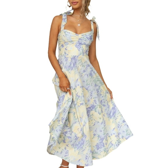 Elegant Dresses for Women Sleeveless V-Neck Print Long Dress Casual Pleated A-Line Summer Tunic Maxi Slip Dress Blue XL