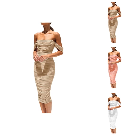 Elegant Dresses for Women Wedding Guest Dresses for Women Summer Off The Shoulder Ruched Bodycon Dresses Sleeveless Sexy Party Club Midi Dress