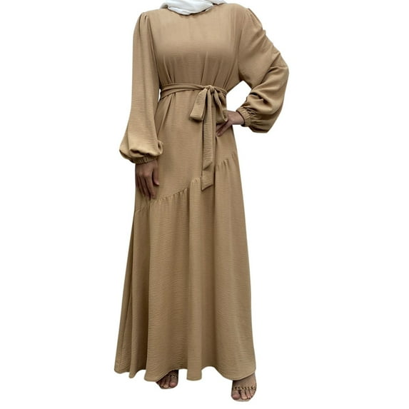 Elegant Dubai Swing Dress for Women Loose Fit Long Sleeve Round Neck Zipper Front Solid Color Abaya
