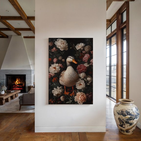 Elegant Duck With Lush Floral Surrounding - Vintage Nature Wall Art, Rustic Wildlife Poster, Farmhouse Botanical Decor Wall Art, Modern Wall Decor, 8x12 UNFRAMED