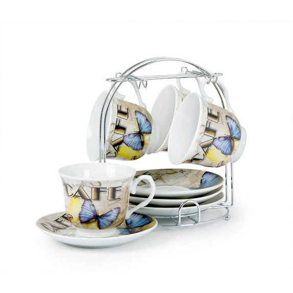 Elegant Durable and Colorful Porcelain Tea Cup and Saucer Set with Metal Stand - Butterfly, 8 oz. Set of 4
