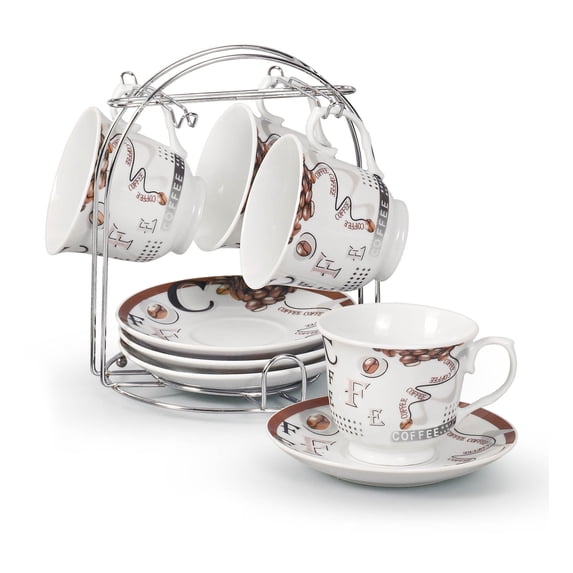 Elegant Durable and Colorful Porcelain Tea Cup and Saucer Set with Metal Stand - Modern bean, 8 oz. Set of 4