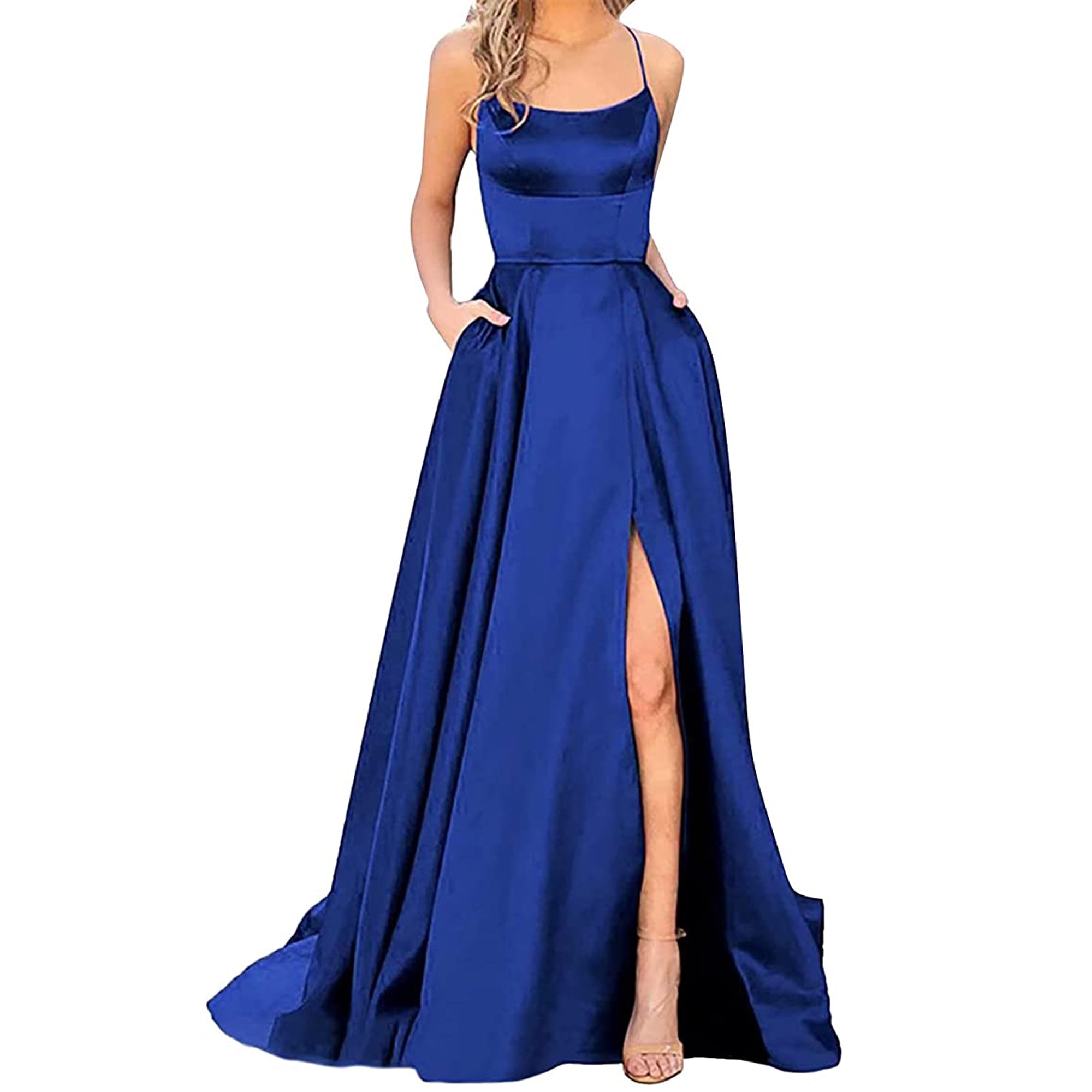 Elegant Dusty Rose Long Prom Dresses For Women Backless Side Slit Halter Satin Evening Party Gowns Royal Blue S Walmart