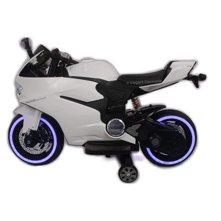 Elegant Electronix Ducati Style Motorcycle with LED Wheels Electric Ride on  Unisex Bike 12V | White