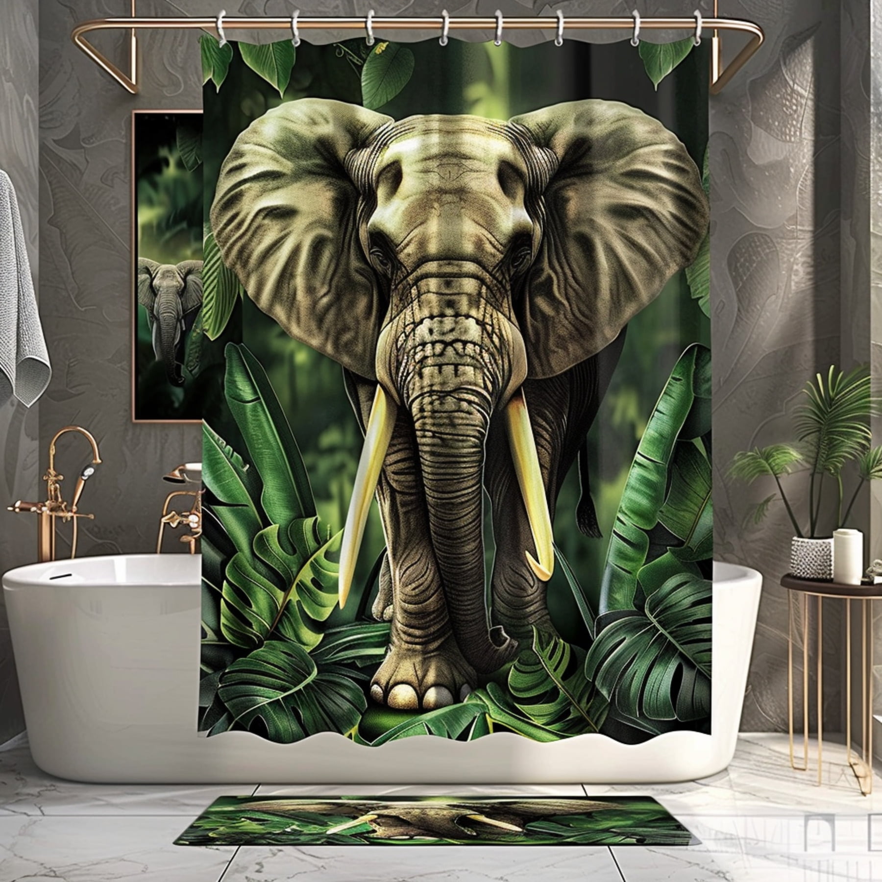 Elegant Elephant Bathroom Set Shower Curtain with Hyperrealistic Elephant Design Jungle Leaves ...