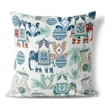 Elegant Elephant Paisley Throw Pillow with Removable Cover in Blue 16x16