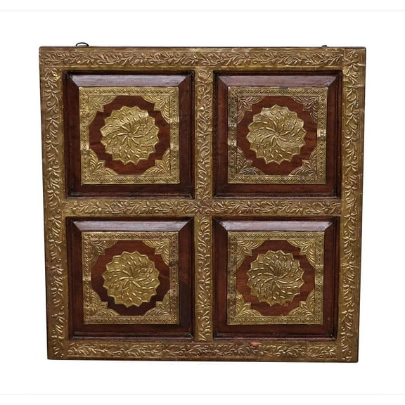 Elegant Embossed Brass Foil Square Teak Wood Wall Panel | Gold Finish Wall Decor Panel | Ornate 24 Inch Large Wall Art | Indian Art