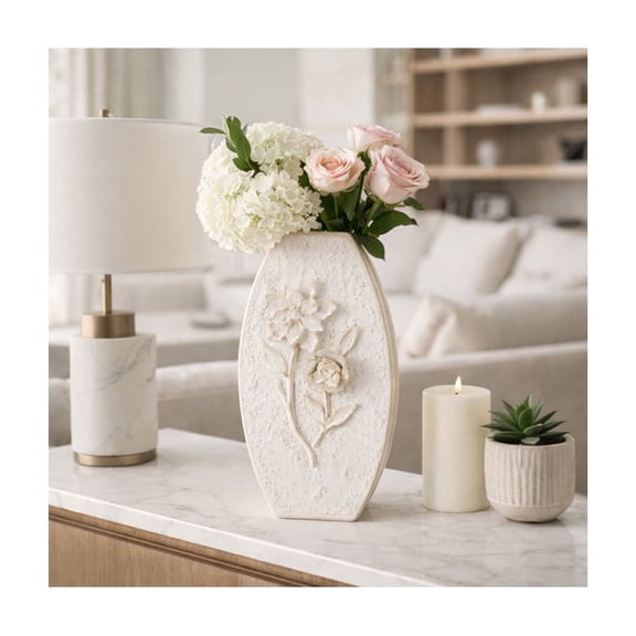 Sagebrook Home Elegant Embossed Ceramic Vase for Living Room and Home Decor - Flower Vase with Floral Design for Bedroom - 18", White