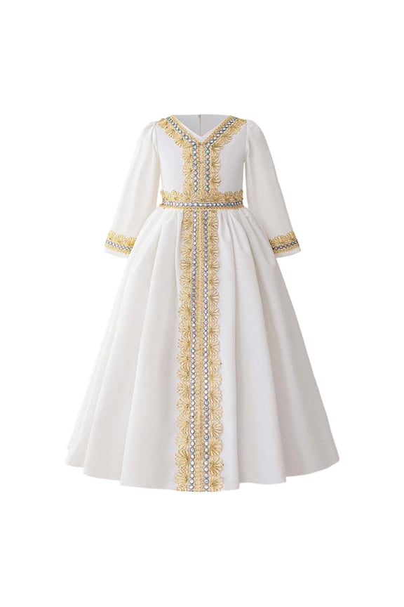 Elegant Embroidered Belted Robe Dress Girls Traditional Abaya Gown with Lace Trim Party Clothes