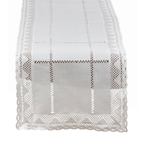Elegant Embroidered Lace White Table Runner, 16"X72" Rectangular
