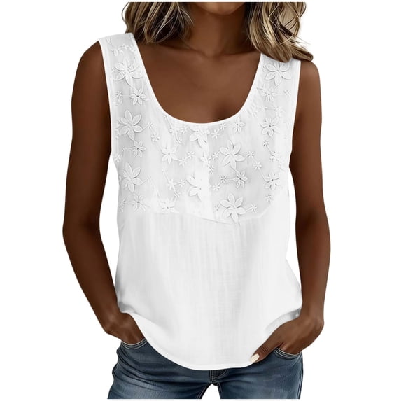 Elegant Embroidered Linen Tank Tops for Women Loose U Neck Sleeveless Summer Business Casual Shirts Dressy Blouses
