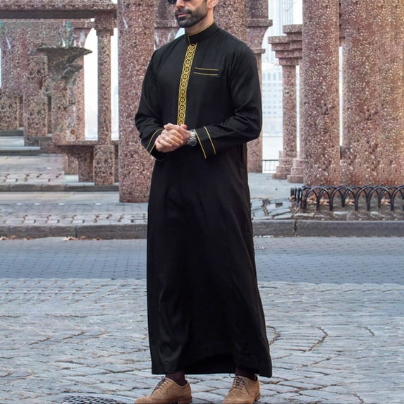 Elegant Embroidered Stand Collar Long Sleeve Robe for Men Traditional Arab Loose Fit Shirt