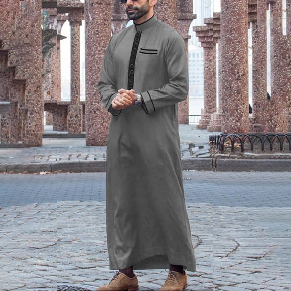 Elegant Embroidered Stand Collar Long Sleeve Robe for Men Traditional Arab Loose Fit Shirt