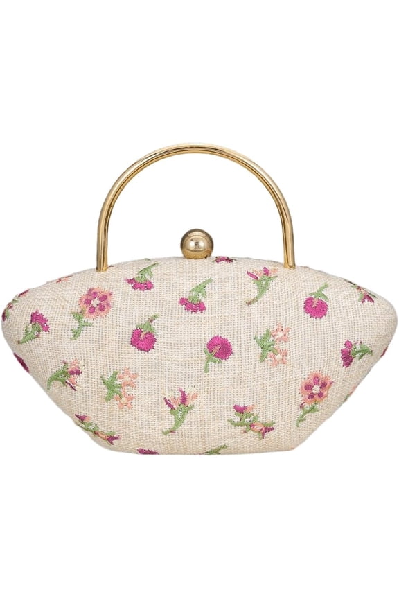 Elegant Embroidery Floral Linen Evening Bag Metal Handle Rustic Burlap Clutch Handbag Flower Wedding Party Purse