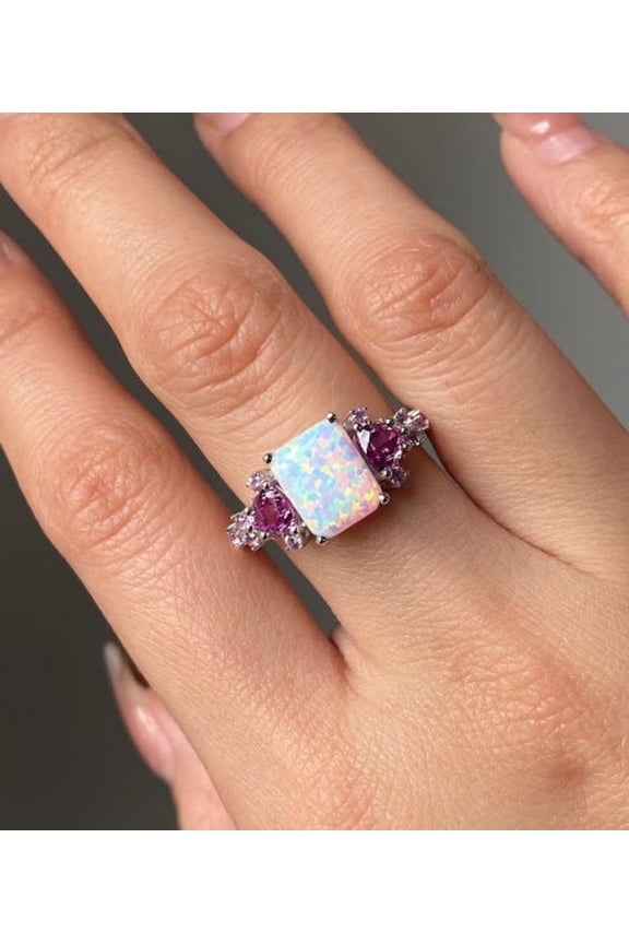 Elegant Emerald Cut Opal and Vibrant Pink Tourmaline Vintage-Inspired Sterling Silver Engagement Ring for Women, Unique Gemstone Bridal Promise Gift Gold Plated 4