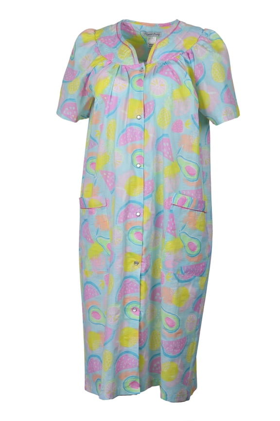 Women's Snap-Front Duster Robe With Pockets - Aqua Summer Fruit- Large