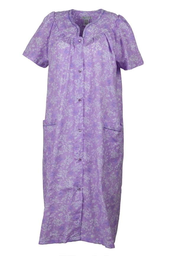 Women's Snap-Front Duster Robe With Pockets - Lavender Butterfly Garden - Large