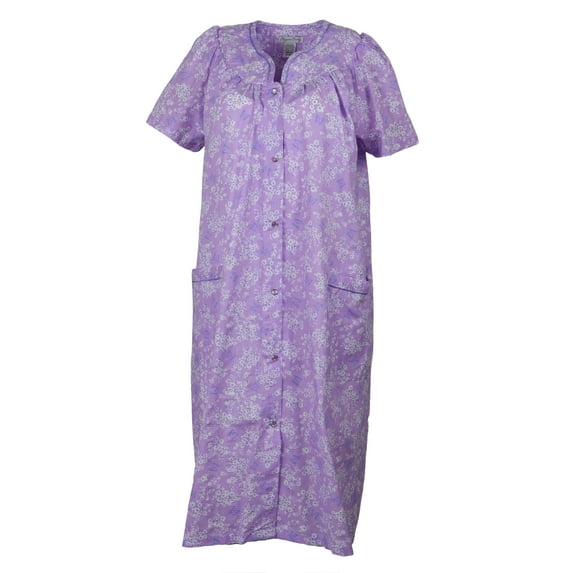 Elegant Emily Women's Snap-Front Duster Robe With Pockets - Lavender Butterfly Garden - Medium