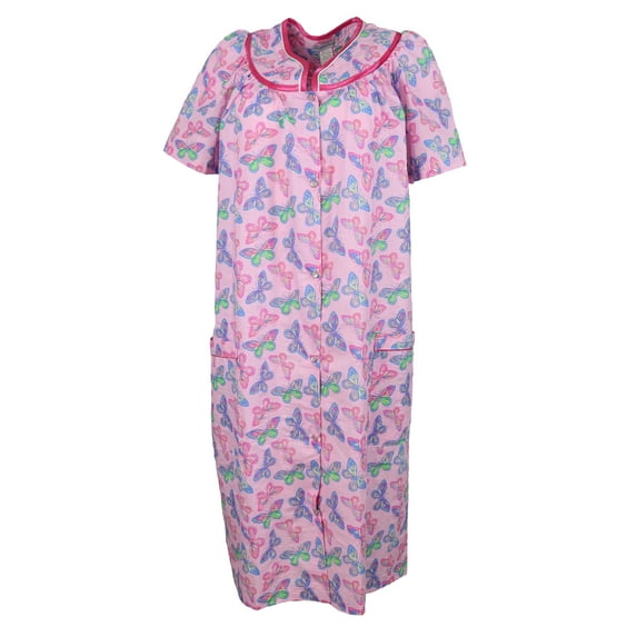 Elegant Emily Women's Snap-Front Duster Robe With Pockets - Pink Butterflies - 1X-Large