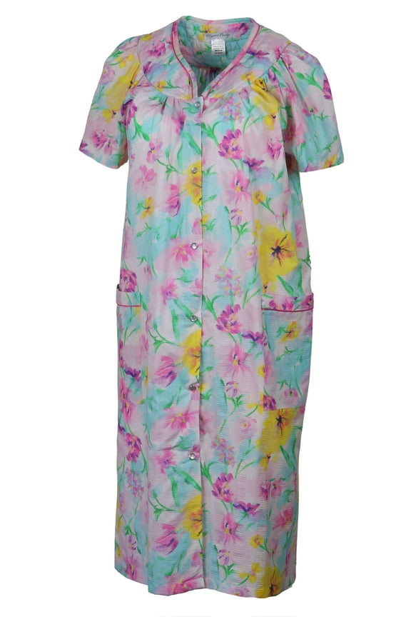 Women's Snap-Front Duster Robe With Pockets - Pink Spring Flowers - X-Large
