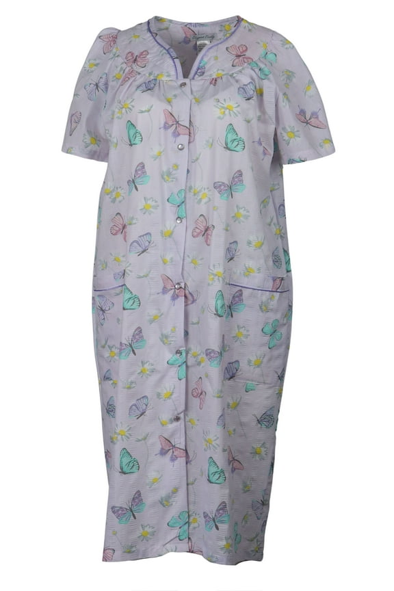 Women's Snap-Front Duster Robe With Pockets - Purple Butterflies - Large