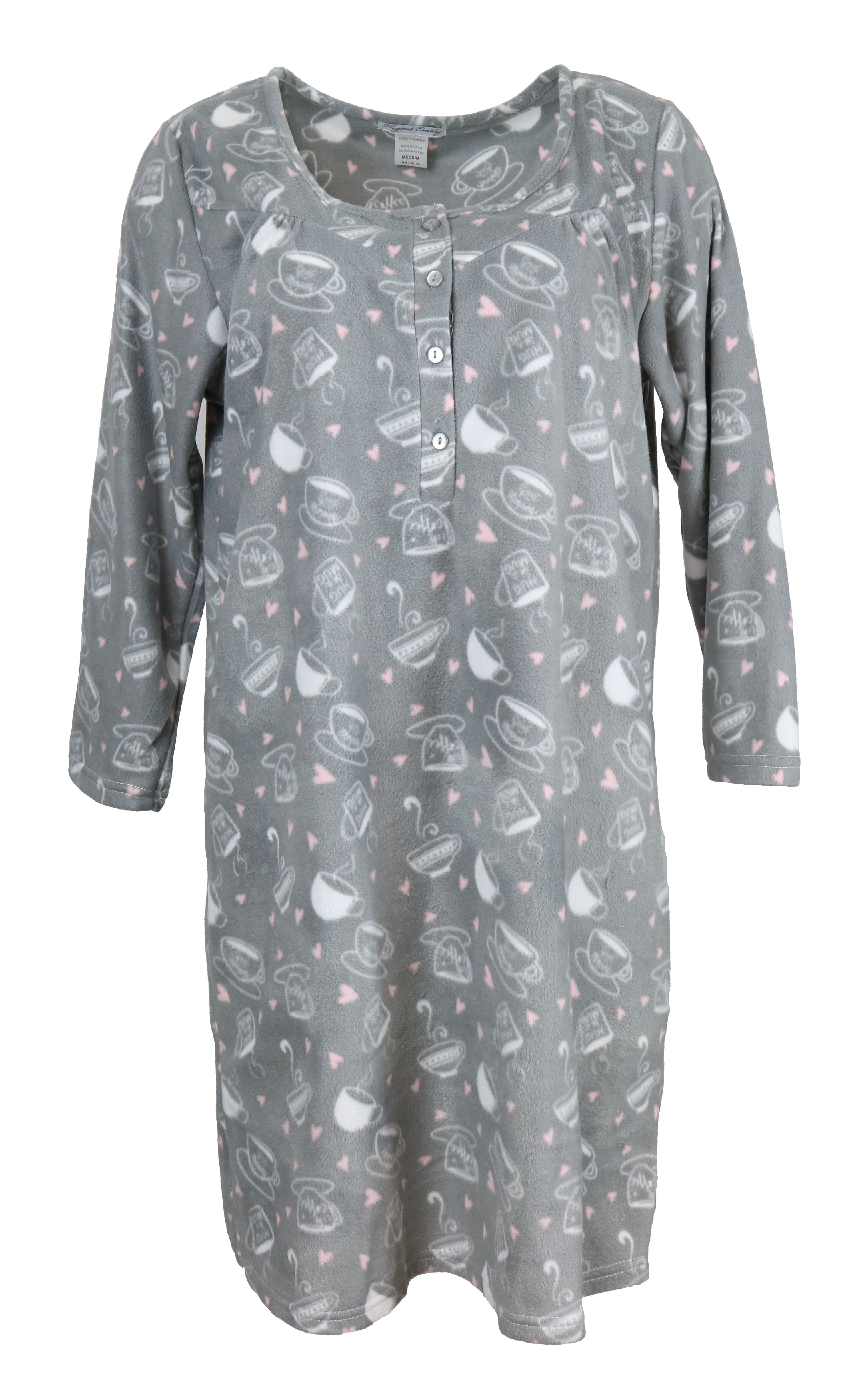 Elegant Emily's Women's Long Sleeve Fleece NightgownGrey Coffee Lover