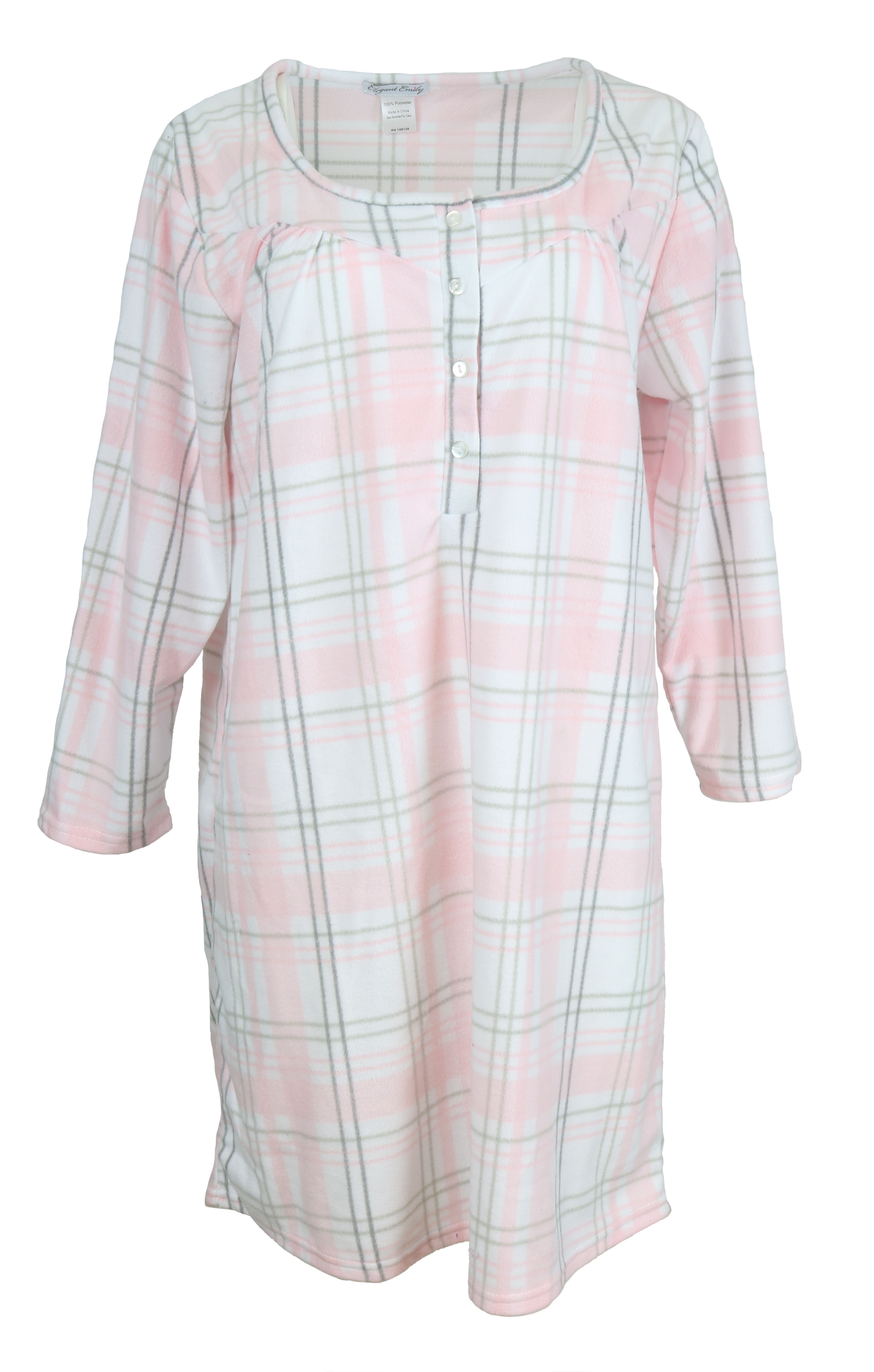 Elegant Emily's Women's Long Sleeve Fleece NightgownPink PlaidLarge