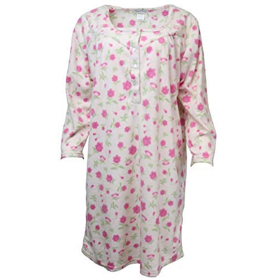 Elegant Emily's Women's Plus Size Long Sleeve Fleece Nightgown-Pink Floral-1X