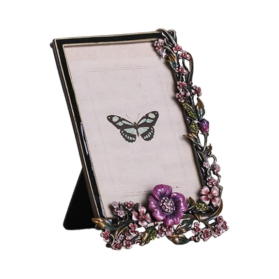 Elegant Enameled Floral Bird Metal Picture Frame With Shimmering Rhinestones And Garden Theme for Tabletop Display