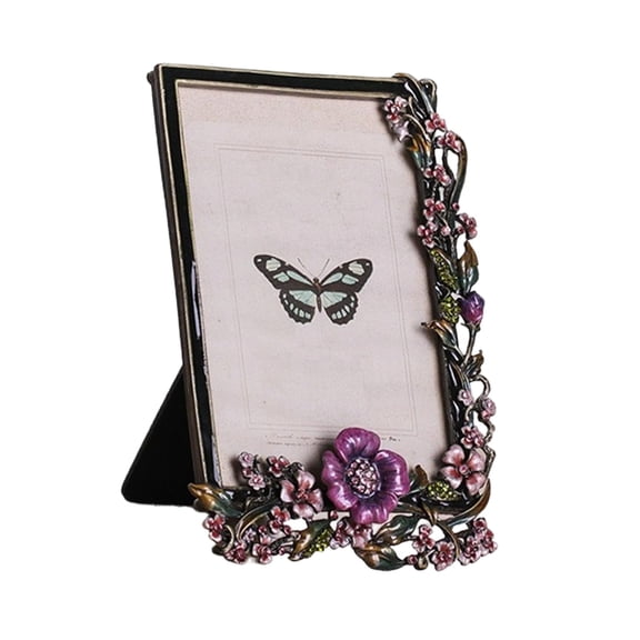 Elegant Enameled Floral Bird Metal Picture Frame With Shimmering Rhinestones And Garden Theme for Tabletop Display