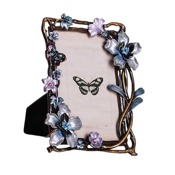 Elegant Enameled Floral Bird Metal Picture Frame With Shimmering Rhinestones And Garden Theme for Tabletop Display